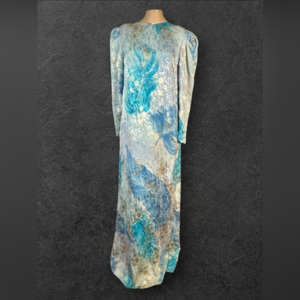 Vintage Blue & Silver Brocade Gown – Elegant Long Sleeve Maxi Dress